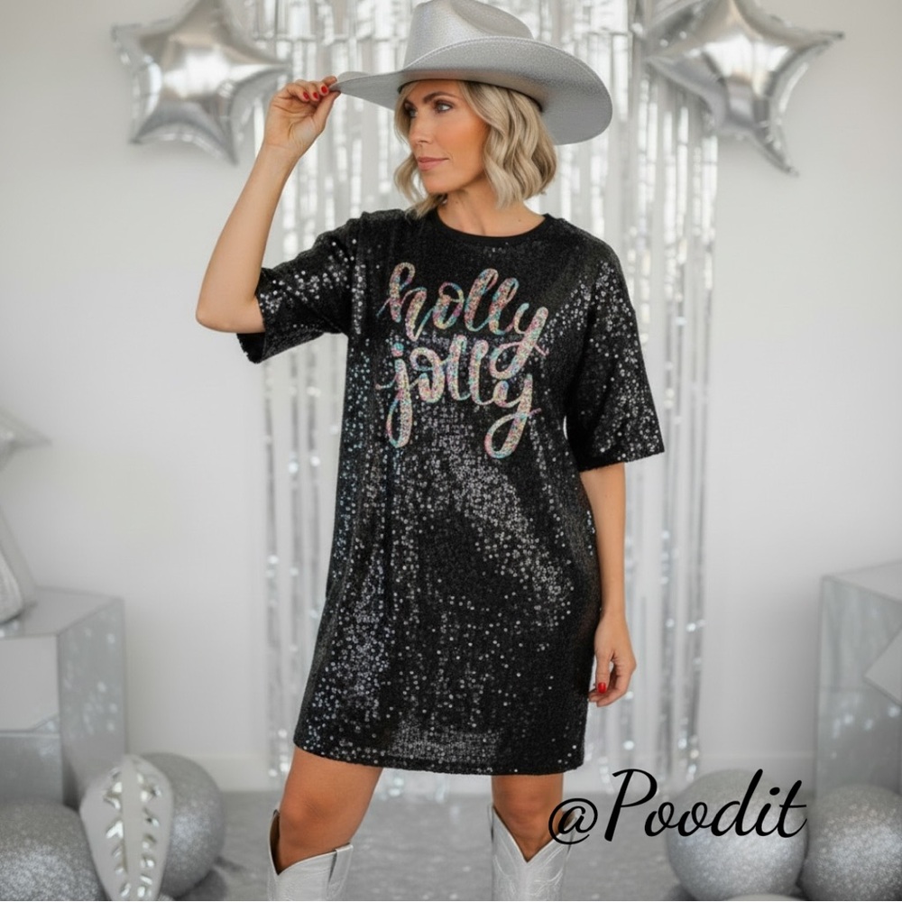 Fantastic Fawn Black Sequin 'Holly Jolly' Mini Dress